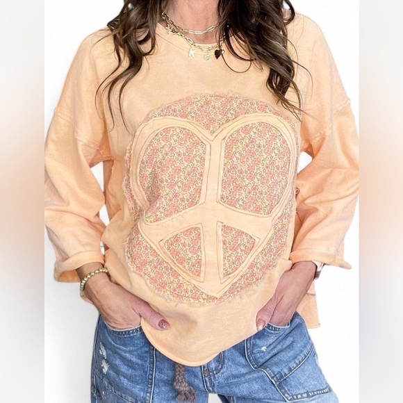 easel Tops - Tranquility Peace Sign Mineral Washed Terry Knit Top - Cantaloupe